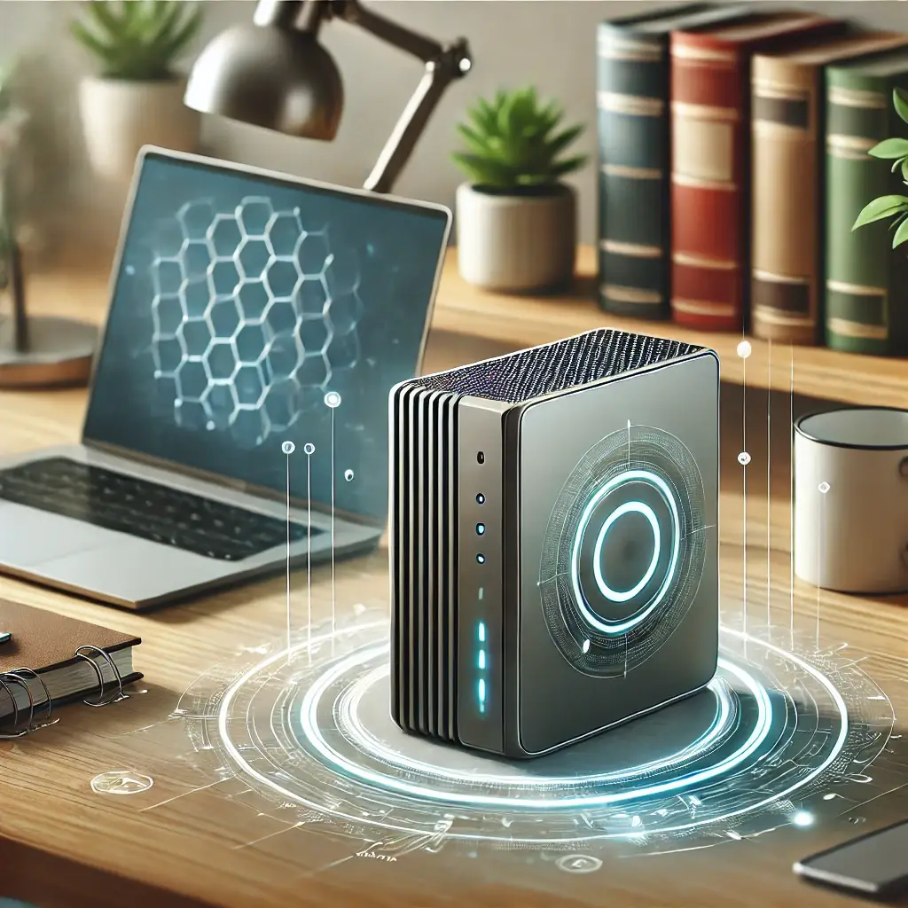 DALL·E 2025-01-29 20.42.22 - An illustration of a modern, sleek data storage device placed on a home desk, symbolizing decentralized storage. The device is compact, minimalist, an